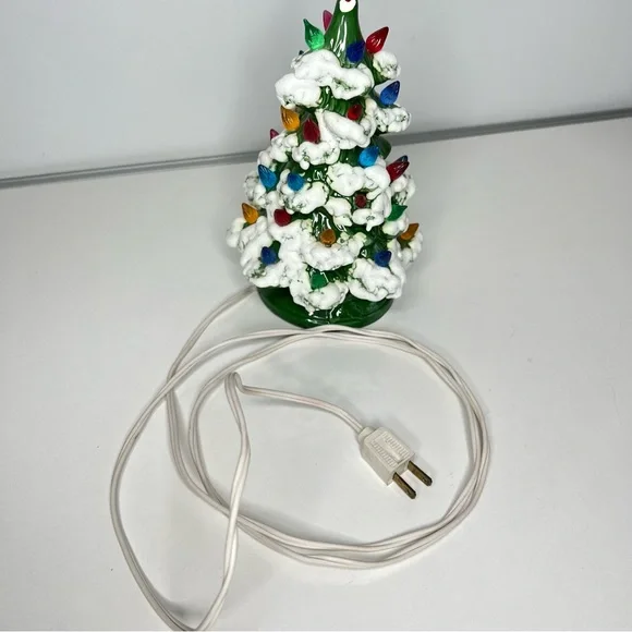 Vintage Ceramic Christmas Tree Snow Dated 1984 Green Multi Color 9” Tall